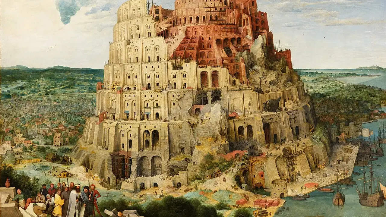La tour de Babel aujourd'hui : une immense structure en construction, grouillant d'ouvriers et de navires, dominée par une ville et un paysage verdoyant.
