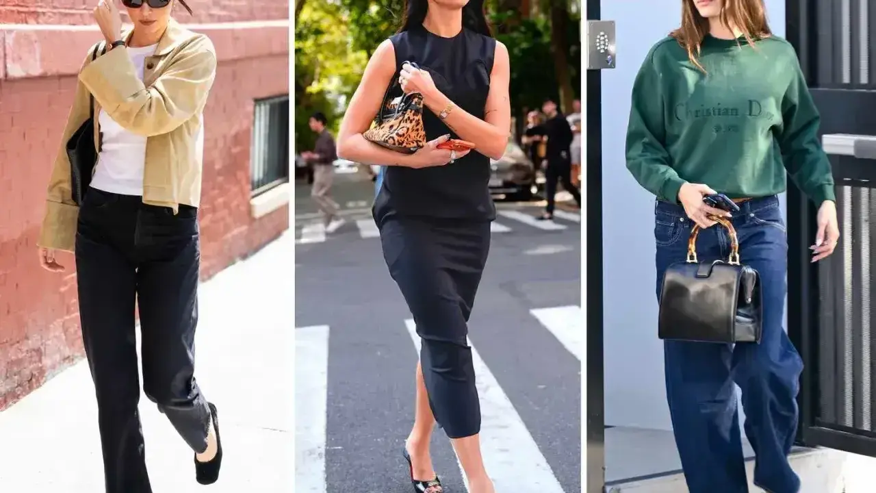 Trzy kobiety prezentują styl casualowy: jedna w beżowej kurtce i czarnych jeansach, druga w czarnej sukience, trzecia w zielonej bluzie i szerokich jeansach.