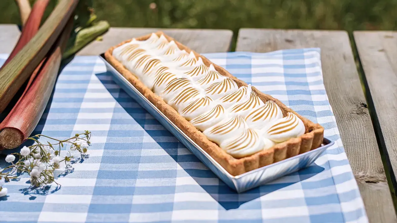 Tarte à la rhubarbe meringuée alsacienne, prête à être dégustée sur une nappe à carreaux bleus.