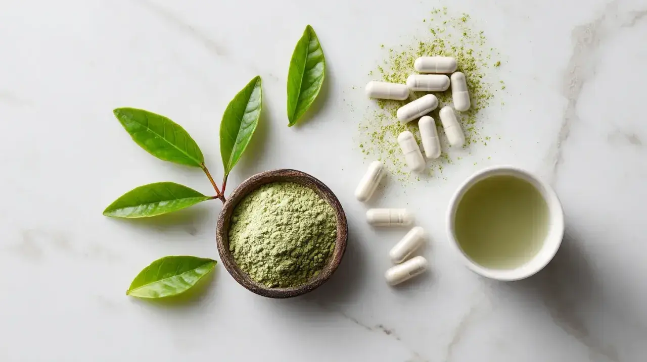 Feuilles vertes, poudre verte dans un bol, pilules blanches et une tasse de liquide vert, évoquant la théanine.
