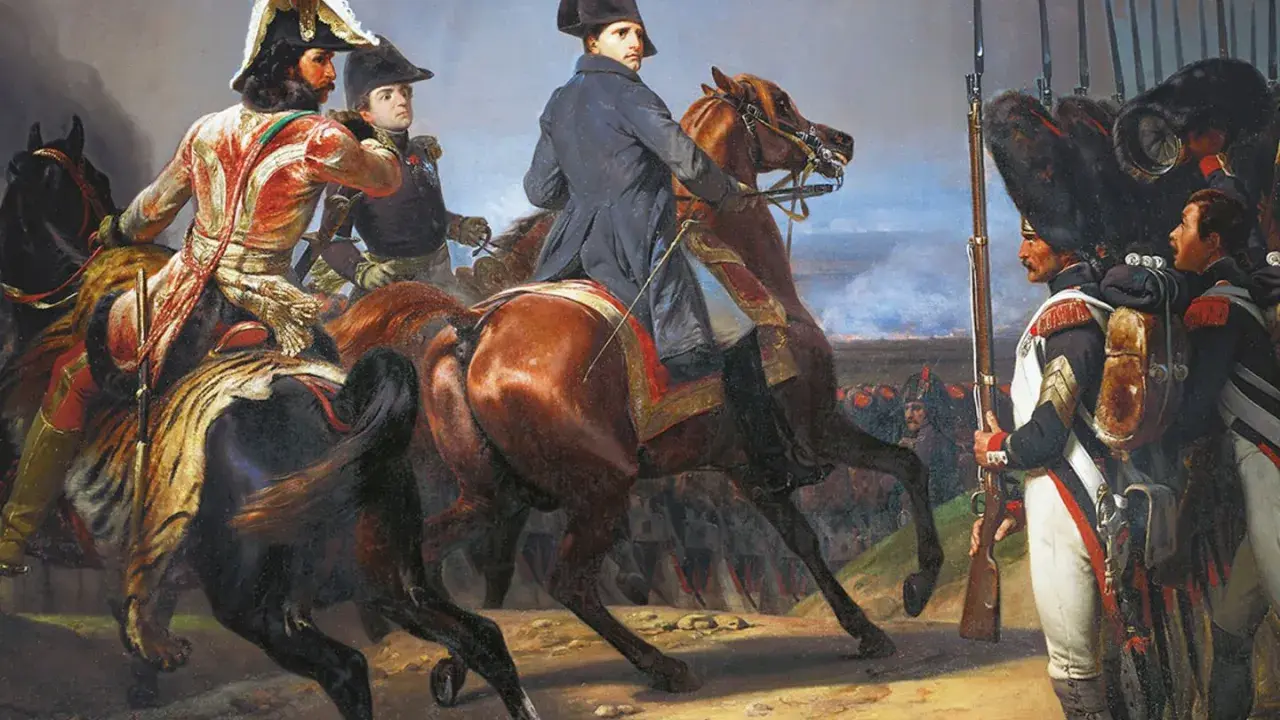 Napoleon und seine Generäle im Kampf während der Befreiungskriege. Soldaten in Uniformen stehen bereit.