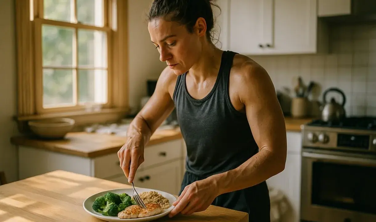 Mujer atlética prepara su comida, calculando las calorías de los alimentos: pollo, brócoli y arroz.