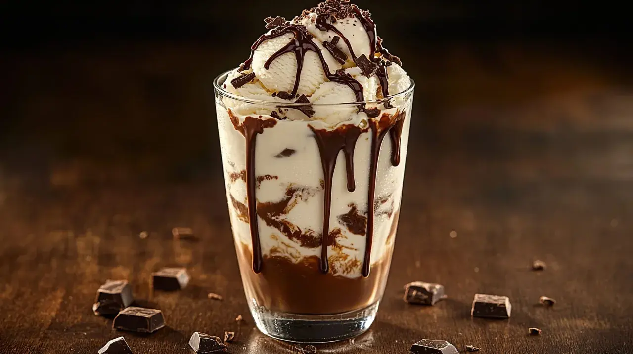 En läcker chokladig mudslide drink med glass, chokladsås och strössel.