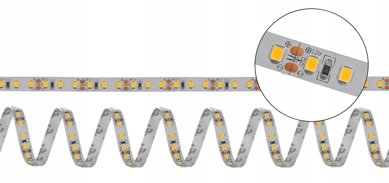 Pasek LED SMD 2835 z widocznymi parametrami 12V, idealny do oświetlenia.