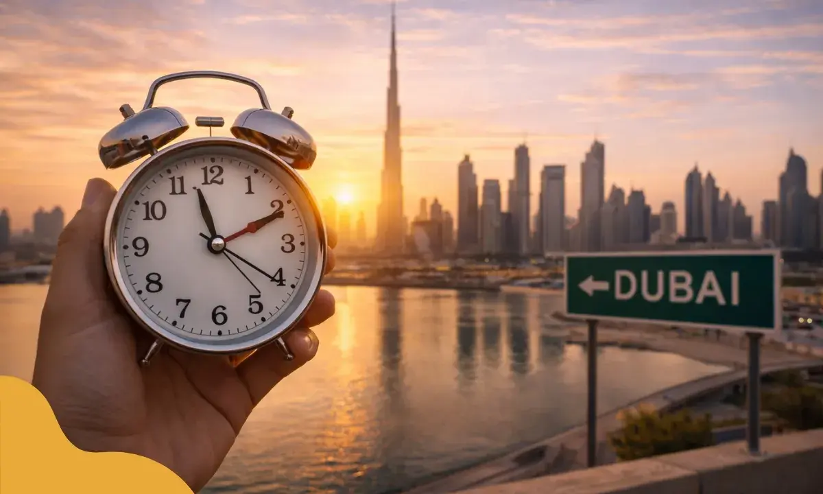 Budzik w dłoni, zachód słońca nad Dubajem. Sprawdź, jaka jest różnica czasu Polska-Dubaj, by zaplanować podróż.