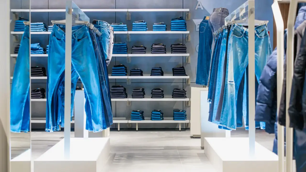 Sklep z jeansami G-Star RAW. Wieszaki uginają się pod ciężarem niebieskich spodni, na półkach poukładane są kolejne pary.