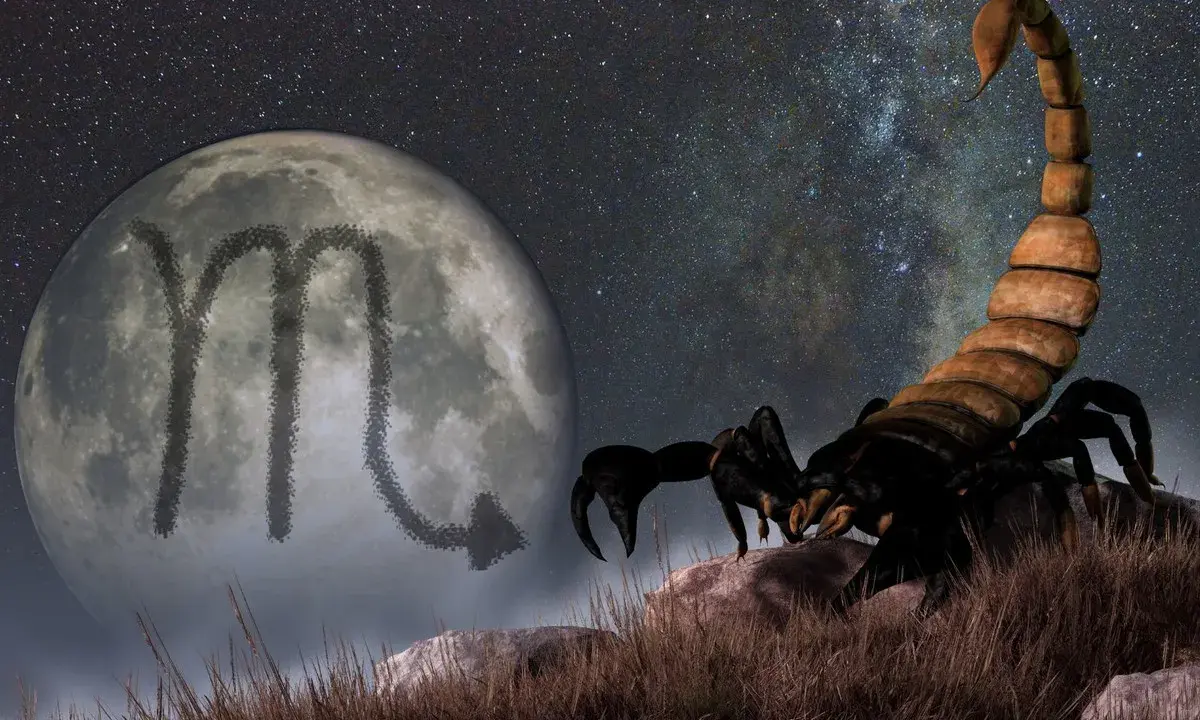 Skorpion na tle księżyca z symbolem zodiaku i rozgwieżdżonego nieba. Tajemniczy ascendent w skorpionie.