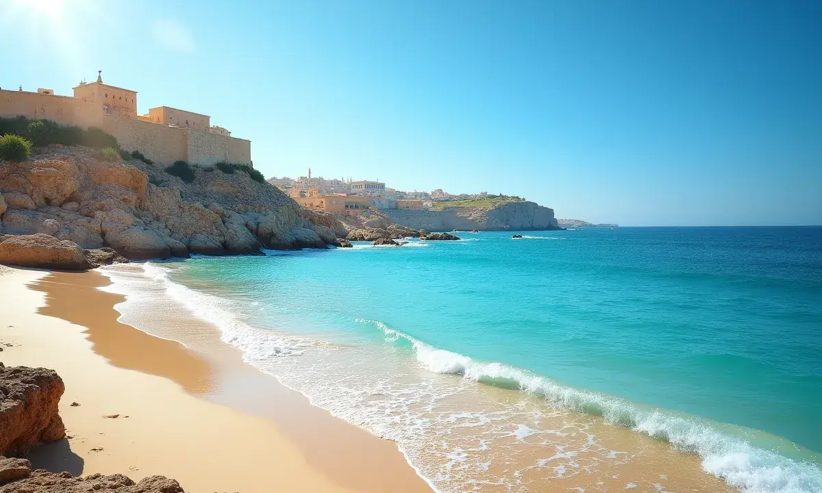 Piękna plaża z turkusową wodą i klifami, na których widać zabudowania. Czy to Cypr czy Malta? Trudno odróżnić te rajskie widoki.