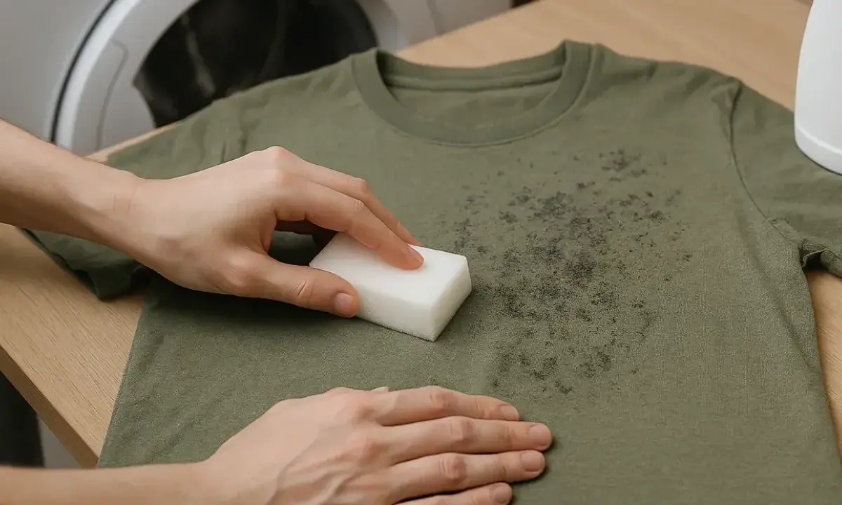 Manos frotando manchas negras en camiseta verde con esponja, cerca de una lavadora.