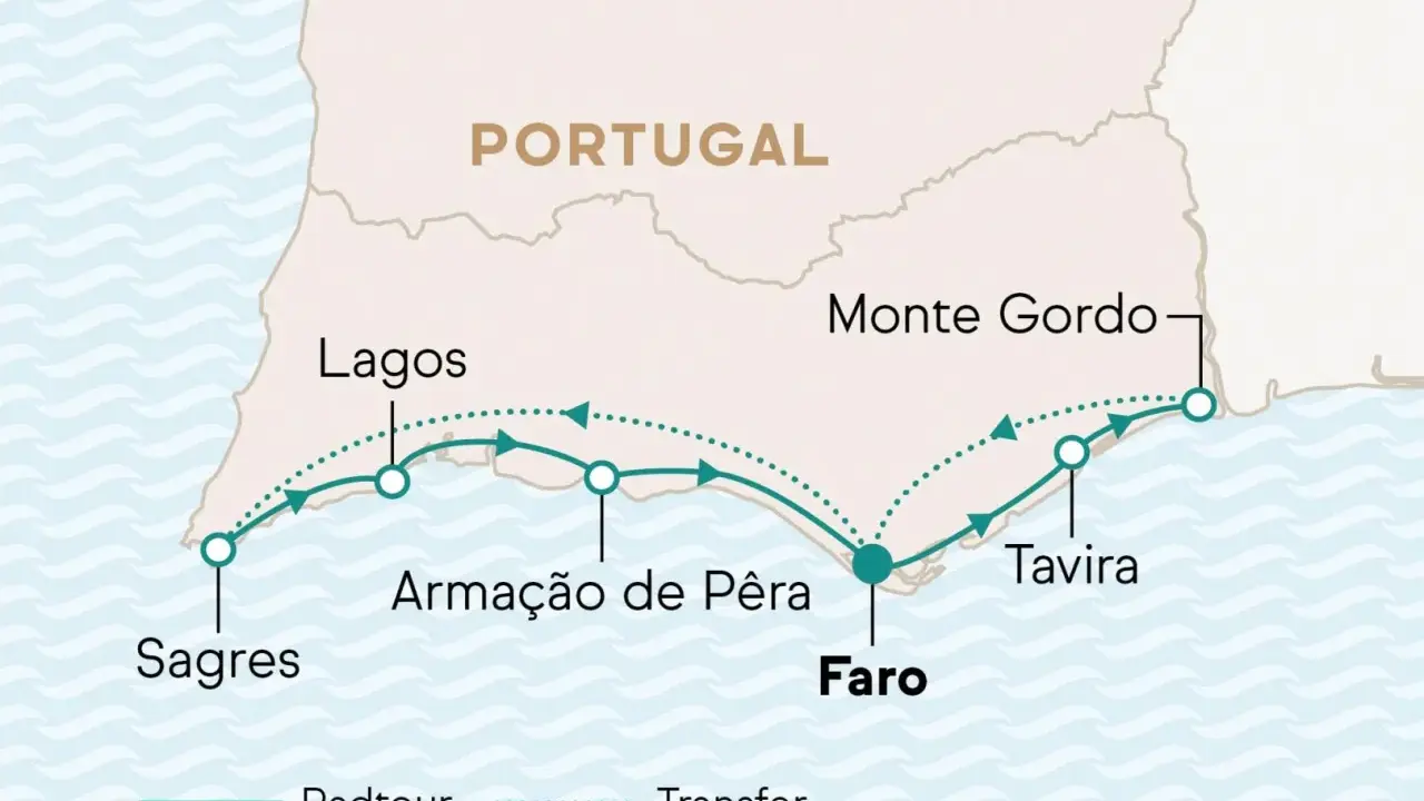 Karte der Algarve mit Routen von Sagres über Lagos, Armação de Pêra, Faro, Tavira bis Monte Gordo. Zeigt Radtouren und Transfers.