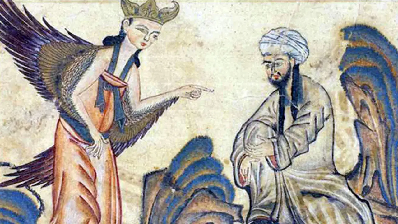 Ein geflügeltes Wesen mit Krone deutet auf einen Mann. Vielleicht eine Darstellung, was sind Jinns, Wesen zwischen Mensch und Engel.