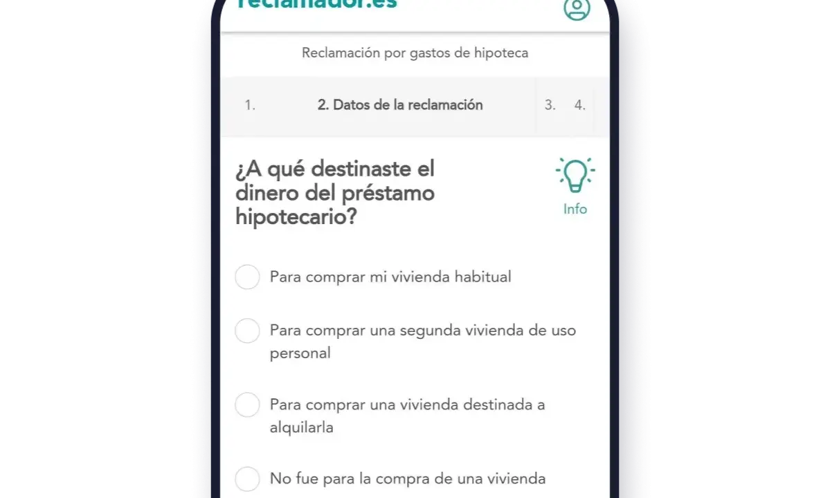 Formulario de reclamador.es para reclamaciones BBVA sobre gastos de hipoteca. Pregunta sobre el destino del dinero del préstamo.