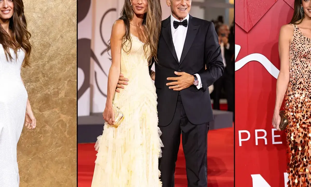 Amal Clooney stuns in a pale yellow lace gown next to George Clooney in a tuxedo. Another woman in a white dress and one in a sequined dress are also pictured.
