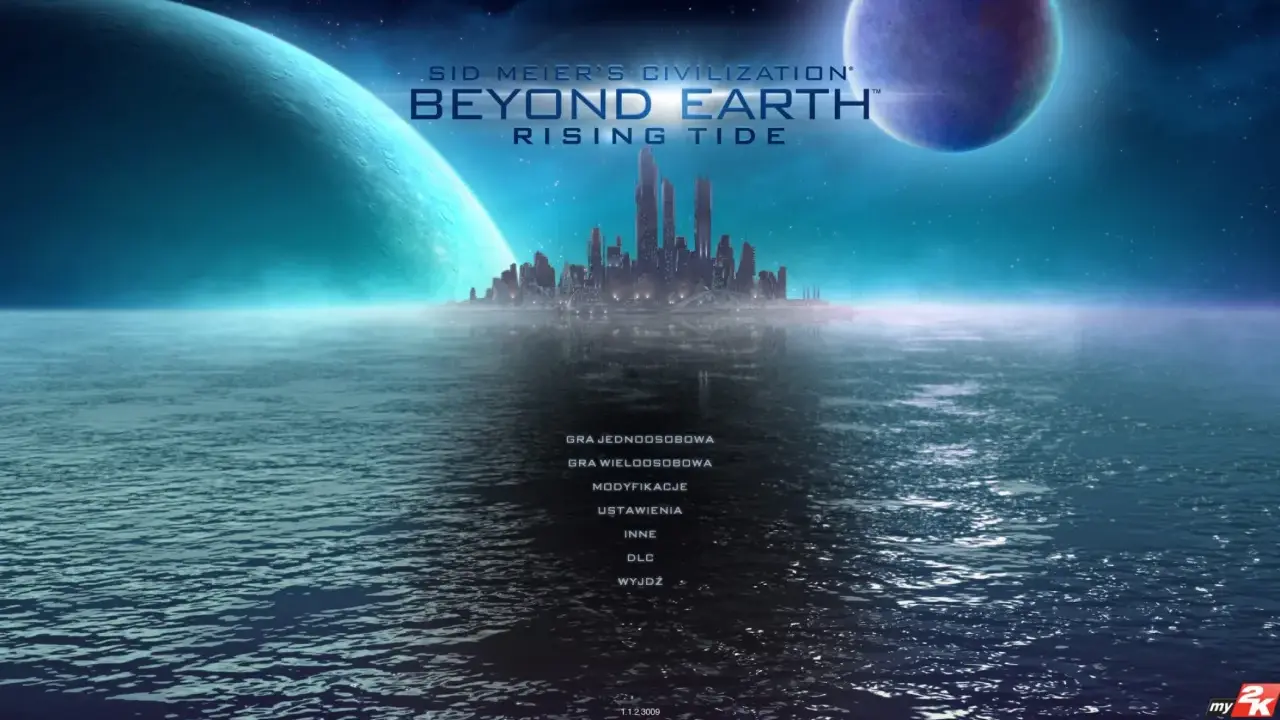 Widok na futurystyczne miasto na wodzie pod dwoma obcymi planetami. Odkryj nowe światy w grze **Beyond Earth**.