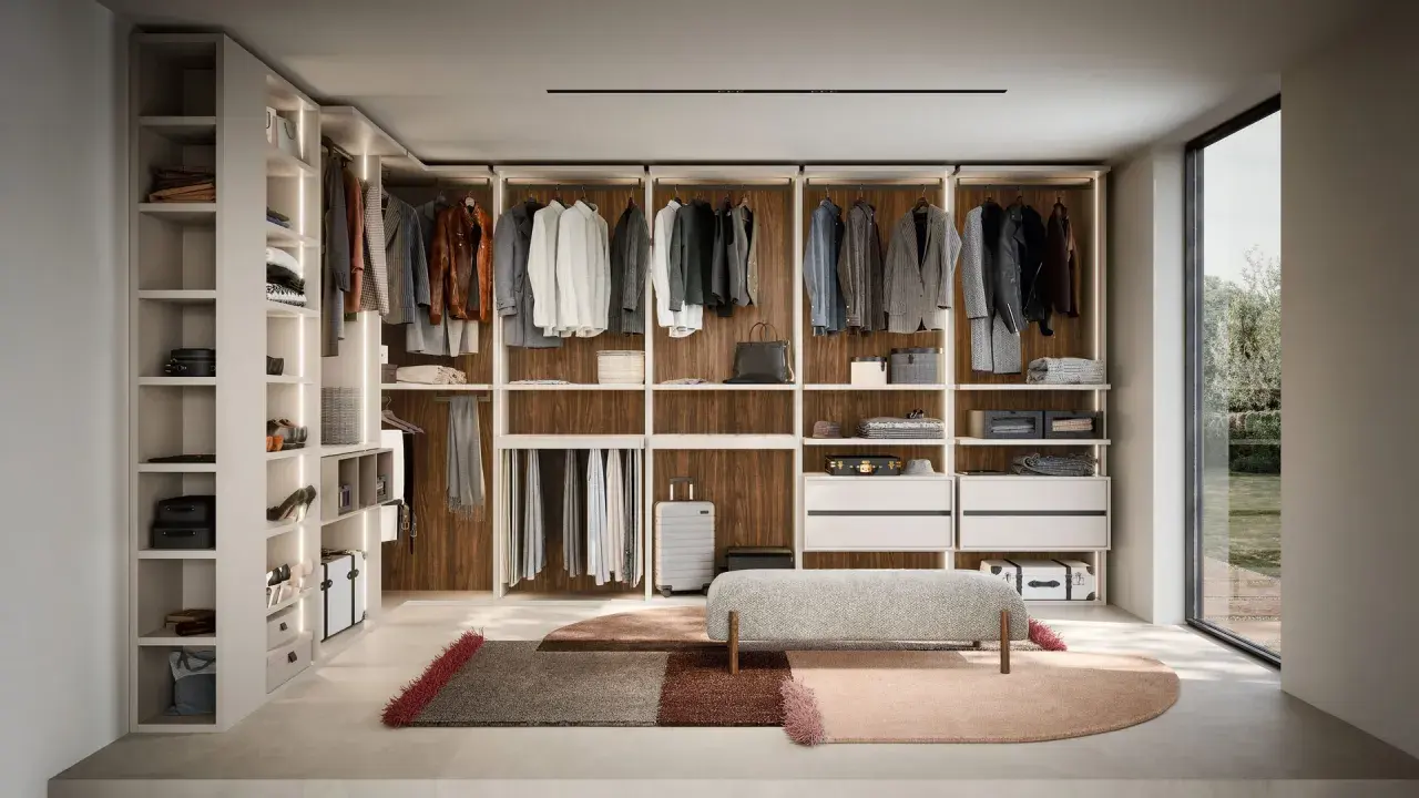 Ein moderner, offener Kleiderschrank, der zum Selberbauen inspiriert. Hängende Kleidung, Regale mit Accessoires und eine Sitzbank.