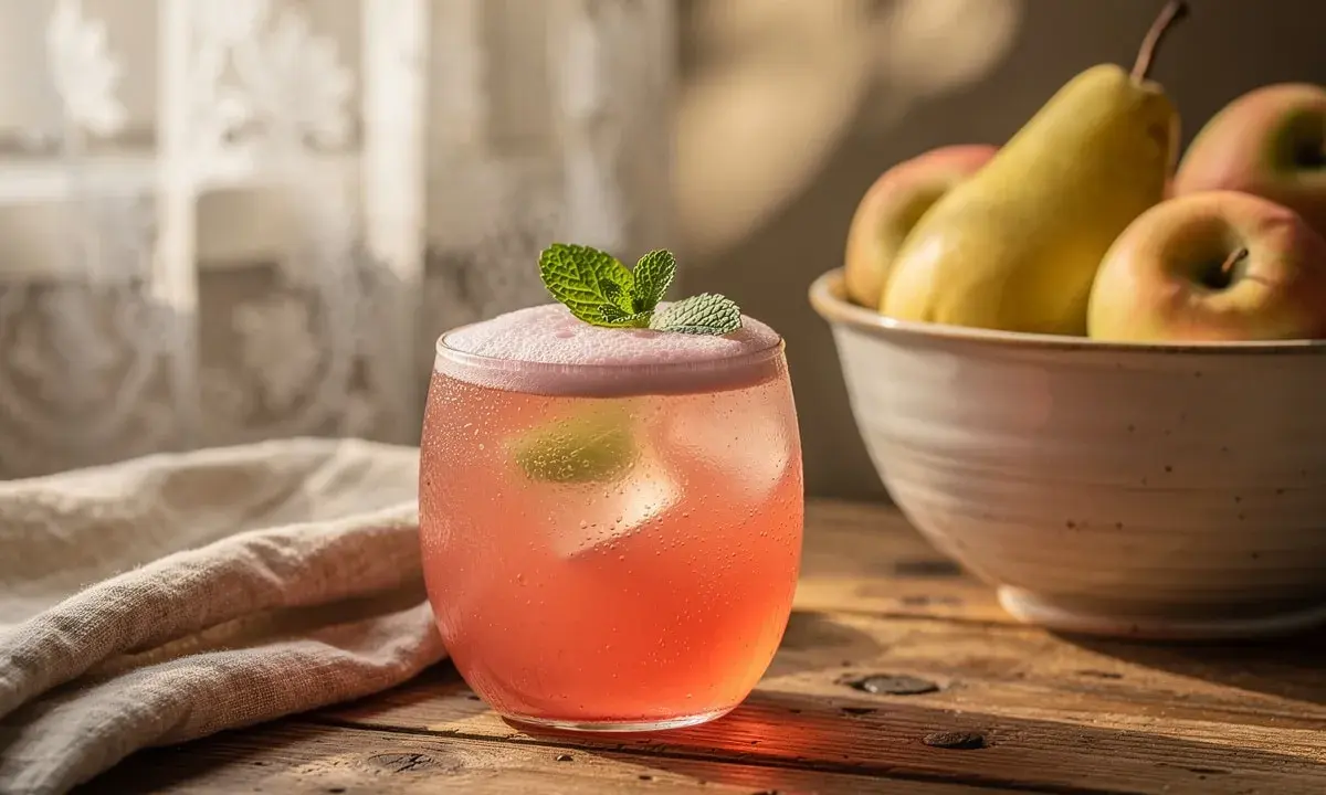 Verre de boisson rose pétillante, garni de menthe. Un bol de fruits et un tissu sont en arrière-plan. Délicieux eau de rhubarbe.