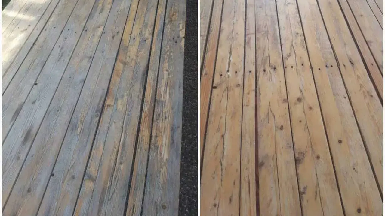 Comparaison avant/après : le bois grisâtre et usé retrouve sa couleur naturelle grâce à l'acide oxalique.