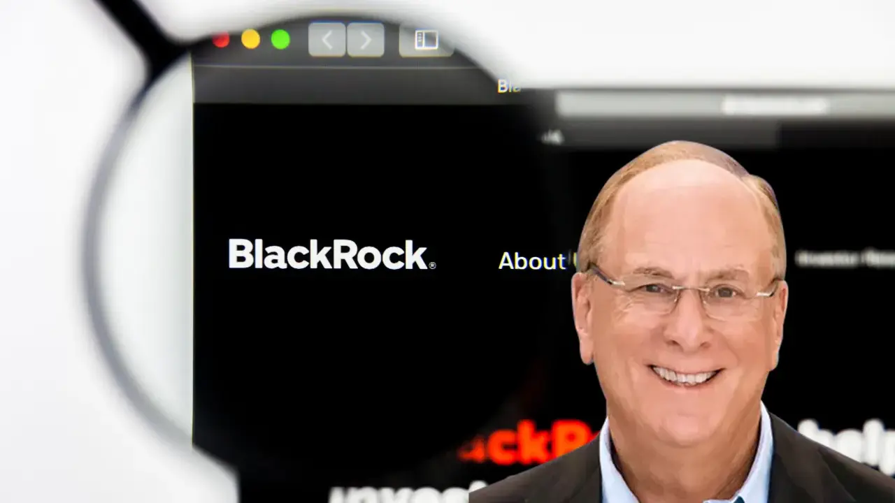Uśmiechnięty mężczyzna w okularach, obok logo BlackRock. Larry Fink, jeden z założycieli BlackRock, na tle strony internetowej firmy.