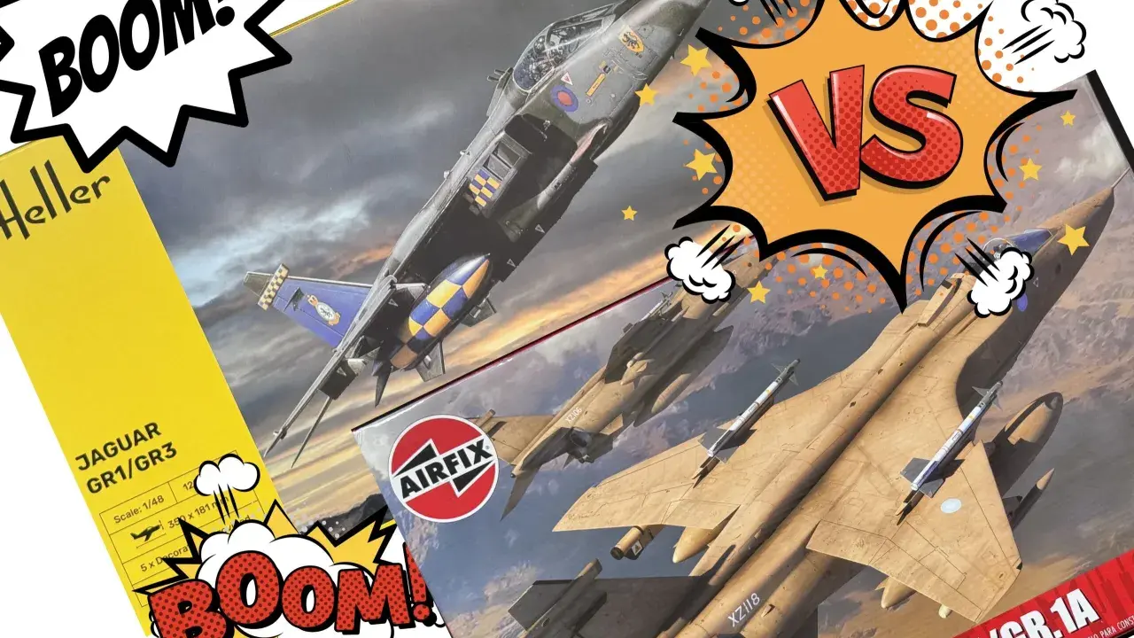 Zwei Modellbausätze von Kampfjets, Heller und Airfix, im Comic-Stil. Ein "BOOM!"-Effekt und "VS" deuten auf einen Wettbewerb hin.