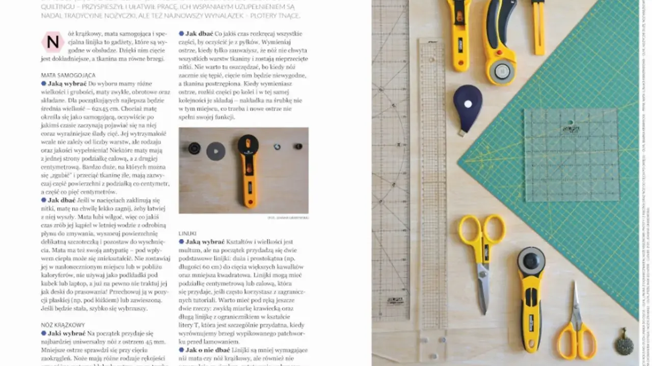 Narzędzia do patchworku: nóż krążkowy, mata samogojąca, linijki i nożyczki. To co to jest patchwork, czyli technika szycia z kawałków materiału.