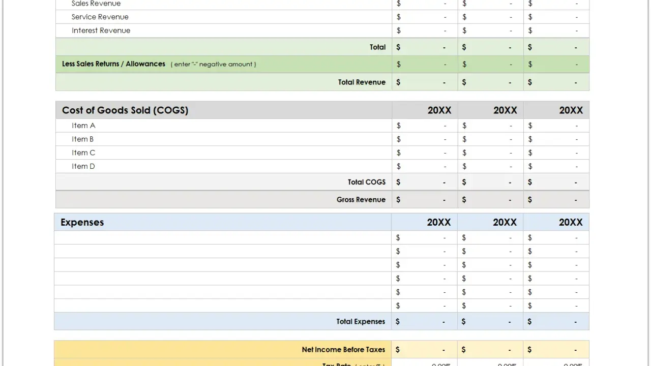 Modèle de compte de résultat annuel pour petites entreprises. Il permet de mettre à profit les données financières pour analyser les revenus, les coûts et les dépenses.
