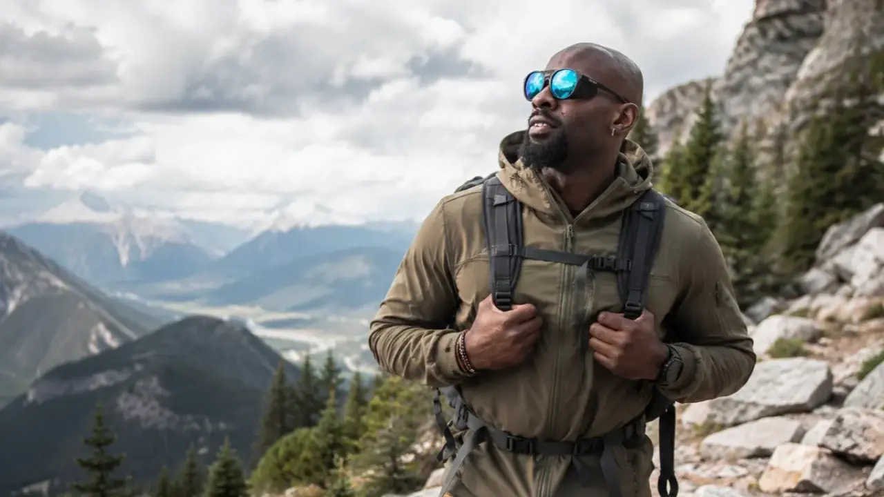 Uomo con zaino e occhiali da sole fa escursioni in montagna, godendosi il panorama mozzafiato.