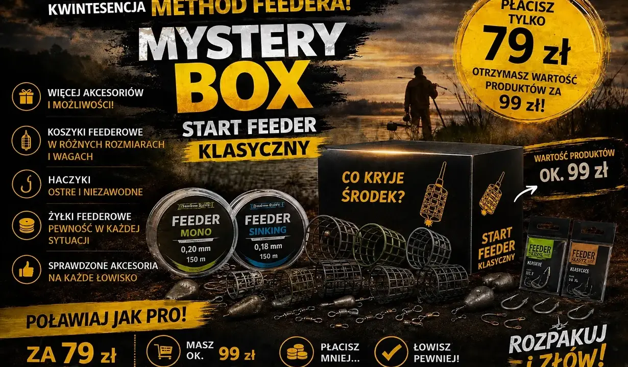 Mystery Box z akcesoriami do metody feeder. Zestaw startowy feeder klasyczny zawiera koszyki, haczyki, żyłki. Kup za 79 zł, wartość 99 zł.