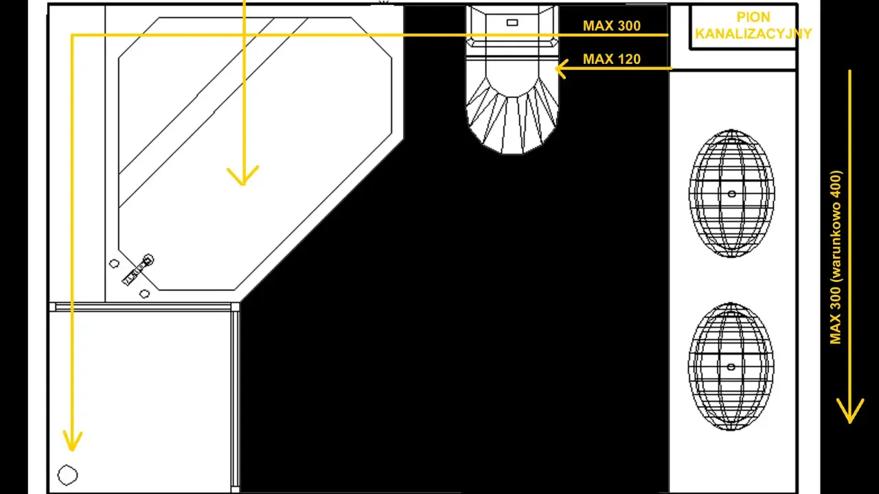Schemat łazienki z wanną, WC i umywalkami. Określono maksymalną odległość WC od pionu kanalizacyjnego: 120 mm.
