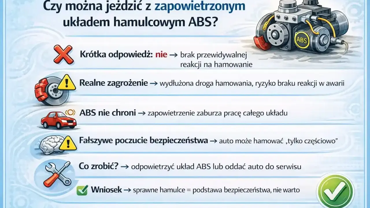 Zapowietrzony ABS? Nie jeździj! To wydłuża drogę hamowania i grozi brakiem reakcji. ABS co to? System bezpieczeństwa, który nie działa przy zapowietrzeniu. Napraw auto!
