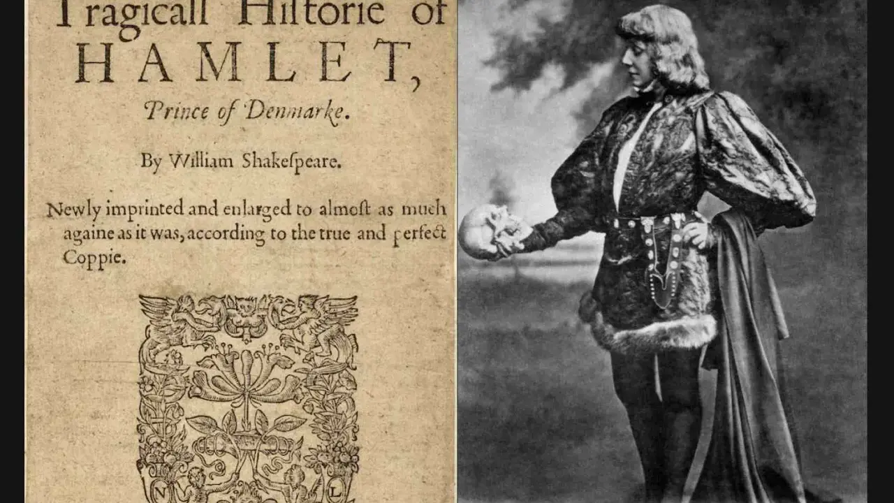 Strona tytułowa "Hamleta" Szekspira i Sarah Bernhardt jako Hamlet, trzymająca czaszkę. To streszczenie dzieła.