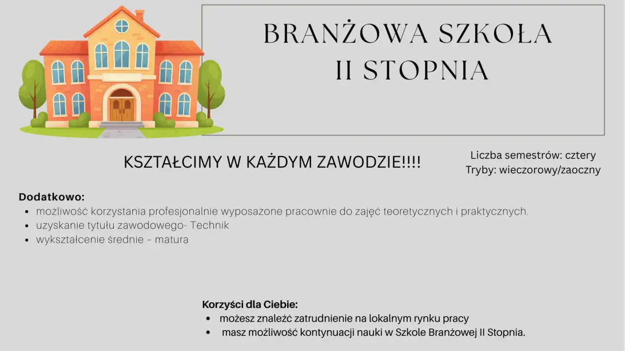 Szkoła Branżowa II Stopnia kształci w zawodach, oferując praktyczne pracownie i możliwość zdobycia tytułu technika.