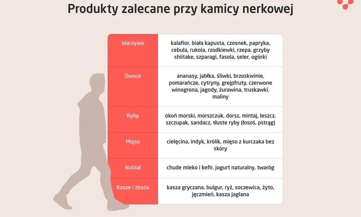 Tabela produktów zalecanych przy kamicy nerkowej: warzywa, owoce, ryby, mięso, nabiał, kasze i zboża. Unikaj pewnych produktów, by nie pogorszyć stanu.
