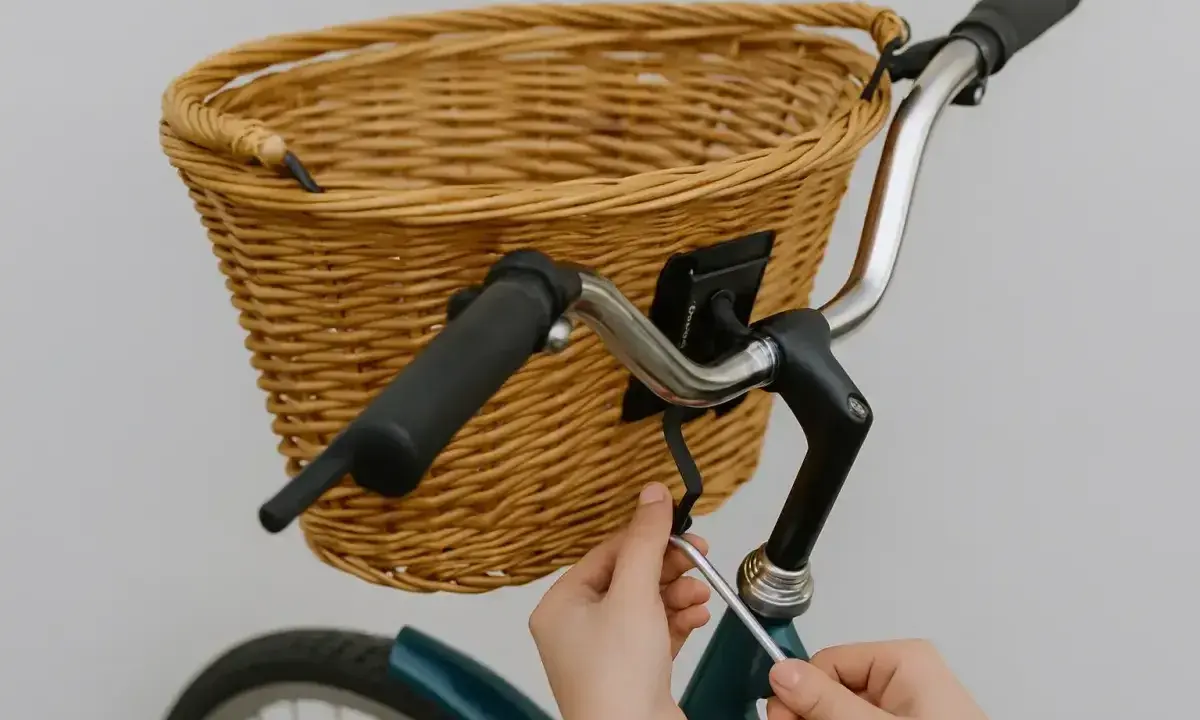 Instrukcja: jak zamontować koszyk do roweru click. Ręce dokręcają śrubę mocującą wiklinowy koszyk do kierownicy.
