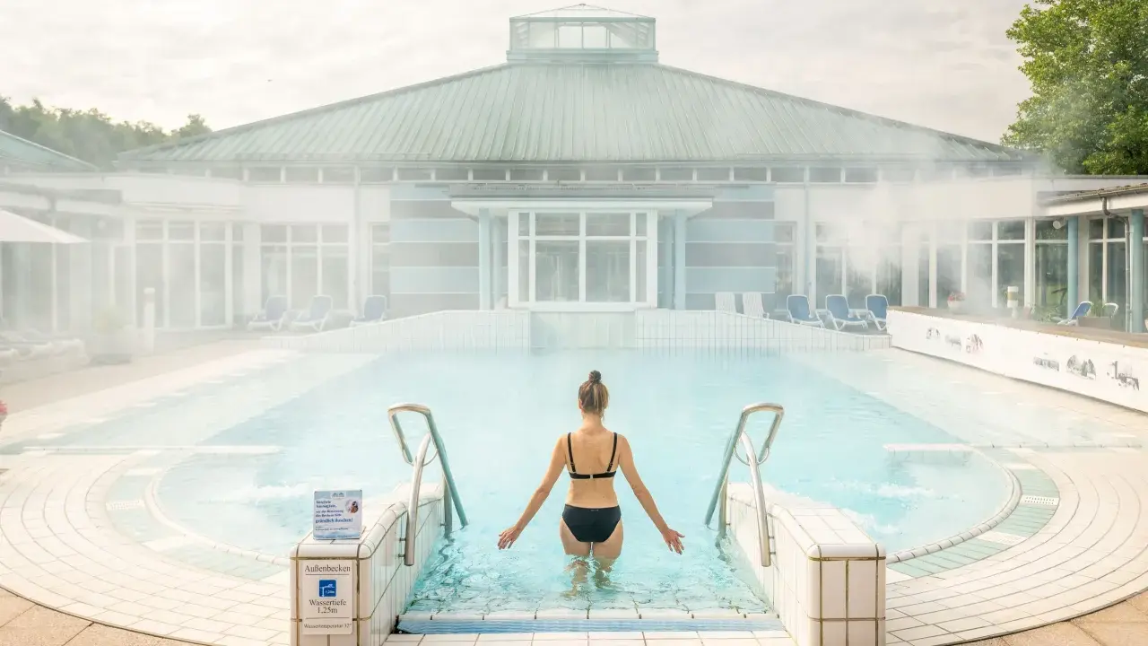 Frau im Bikini steht im warmen Wasser des Badesees OWL. Dampf steigt auf.