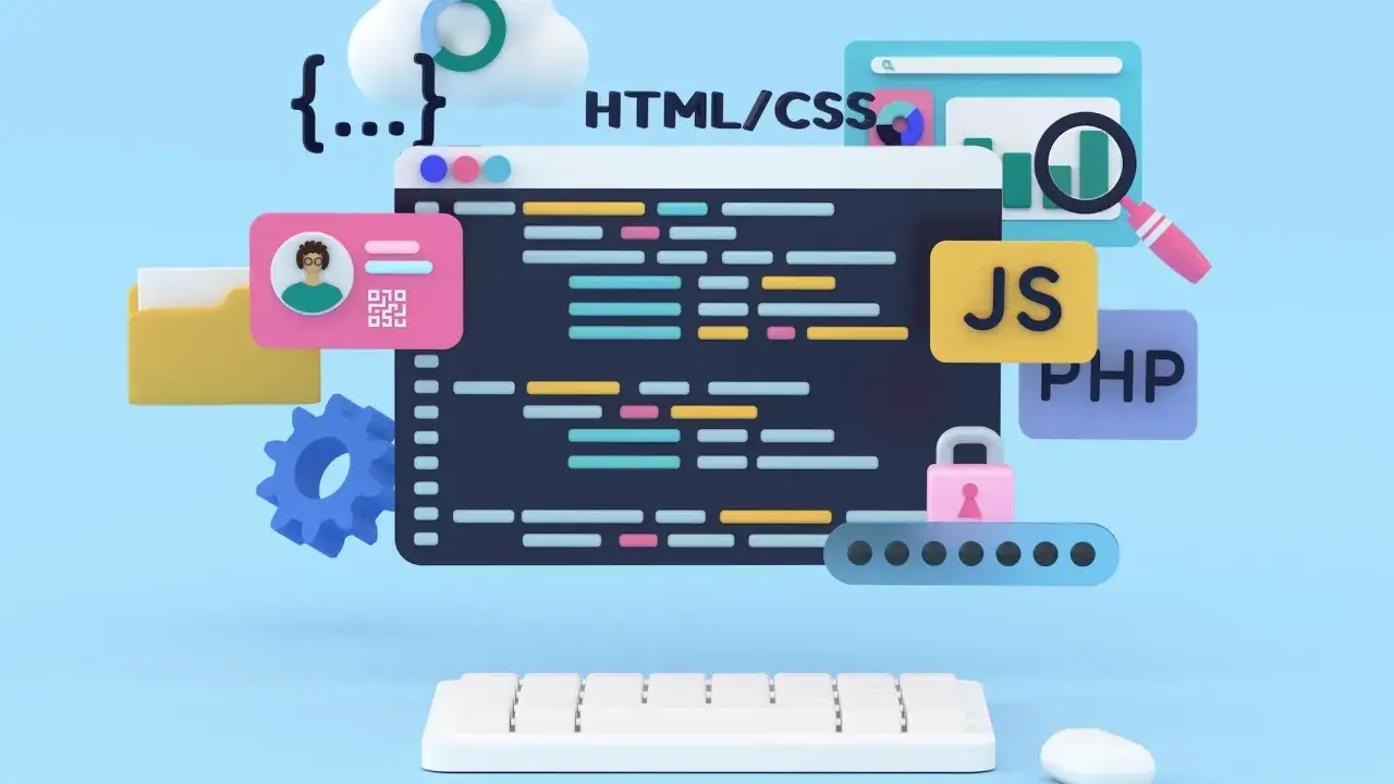 Kreatywny frontend: kod HTML/CSS, JS, PHP, chmura, lupa, klawiatura i myszka symbolizują tworzenie stron internetowych.
