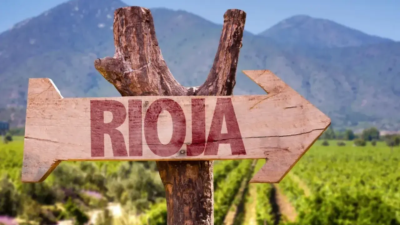 Flecha de madera rústica indica "RIOJA" hacia un paisaje de viñedos, evocando el encanto del medoc alavés.
