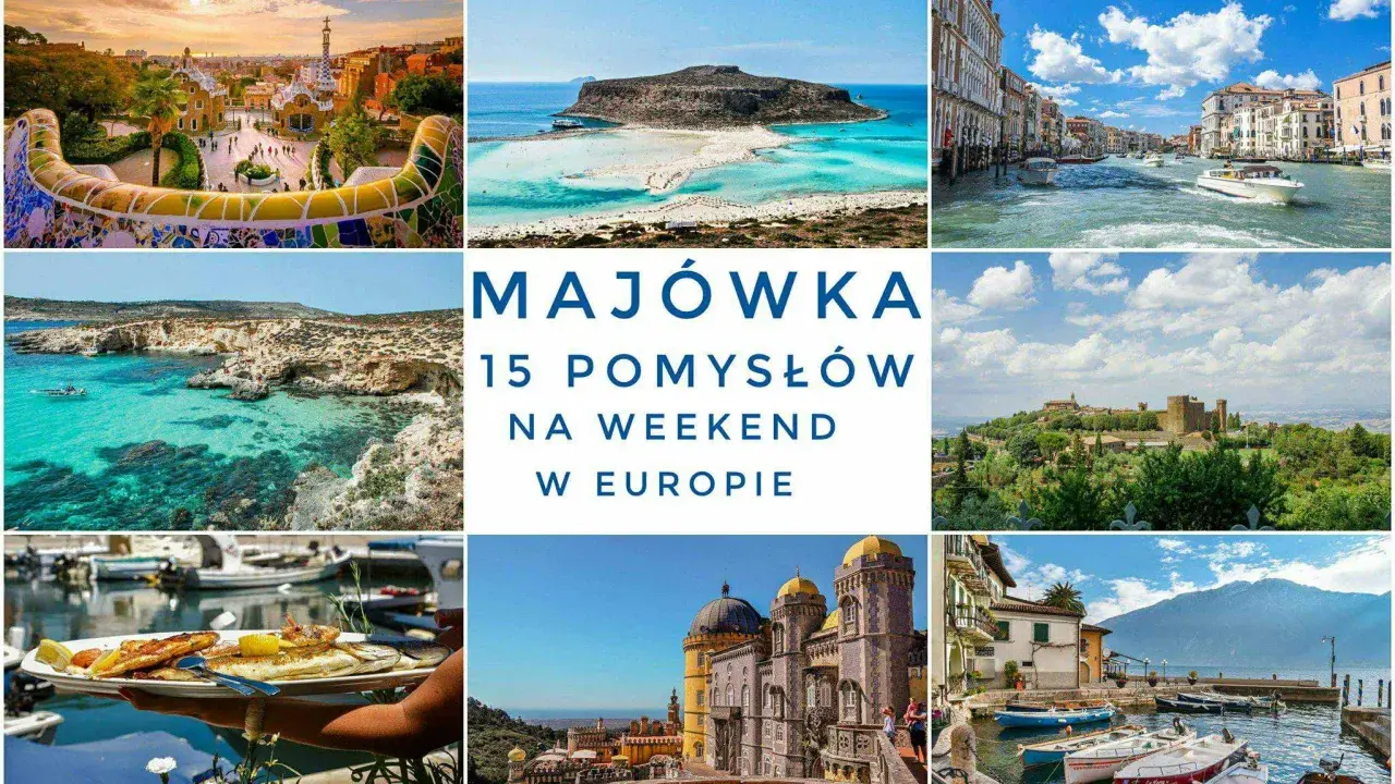 Kolorowy kolaż zdjęć z Europy: park w Barcelonie, plaża na Krecie, Wenecja, maltańskie klify, zamek w Toskanii, pałac w Sintrze, jezioro Garda. Inspiracje, gdzie na majówkę.