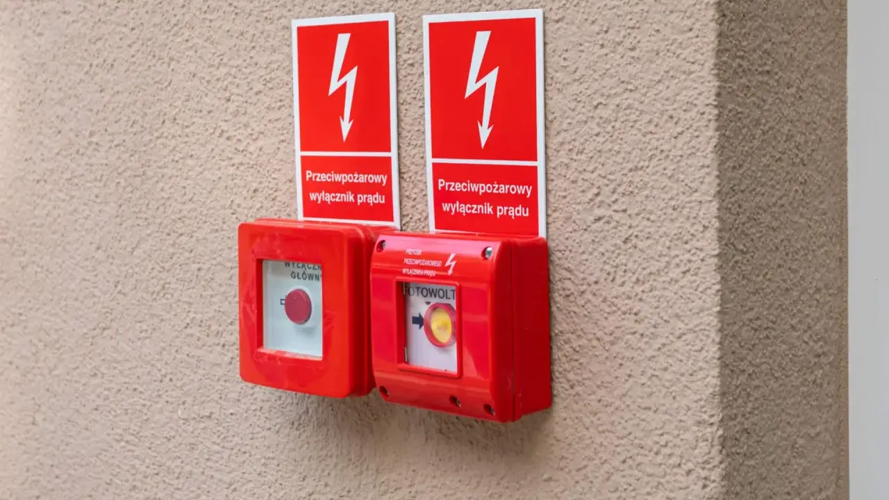 Dwa czerwone przyciski awaryjne z tabliczkami "Przeciwpożarowy wyłącznik prądu". Przepisy bezpieczeństwa wymagają ich stosowania.