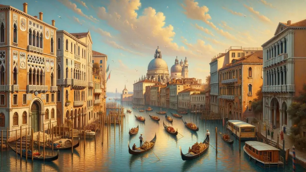 Venise, un paysage de rêve à la Canaletto, avec ses canaux, ses gondoles et ses palais dorés sous un ciel nuageux.
