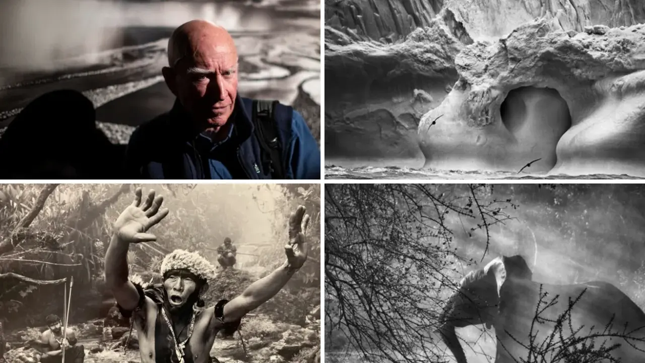 Ritratti e paesaggi in bianco e nero di Sebastiao Salgado: un uomo, rocce scolpite, un indigeno e un elefante.