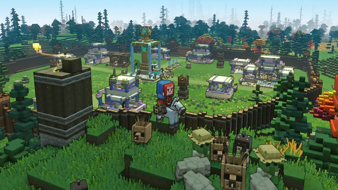 Postać na koniu przemierza wioskę w grze Minecraft Legends, otoczoną lasem i budynkami.