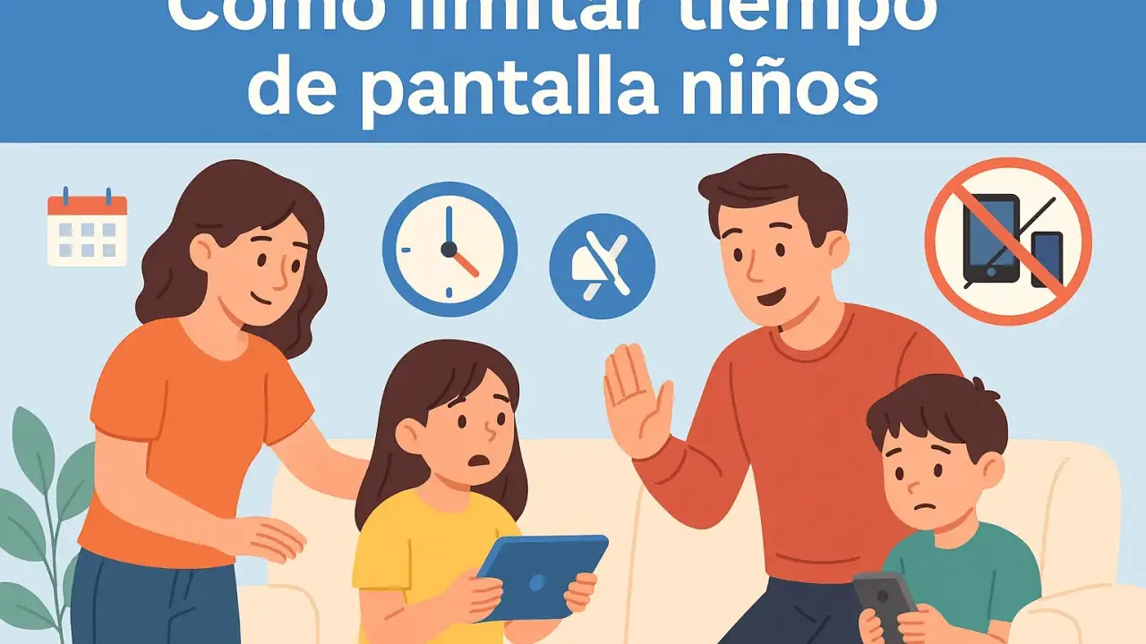 Familia en un sofá con iconos de calendario, reloj, silencio y prohibición de pantallas.