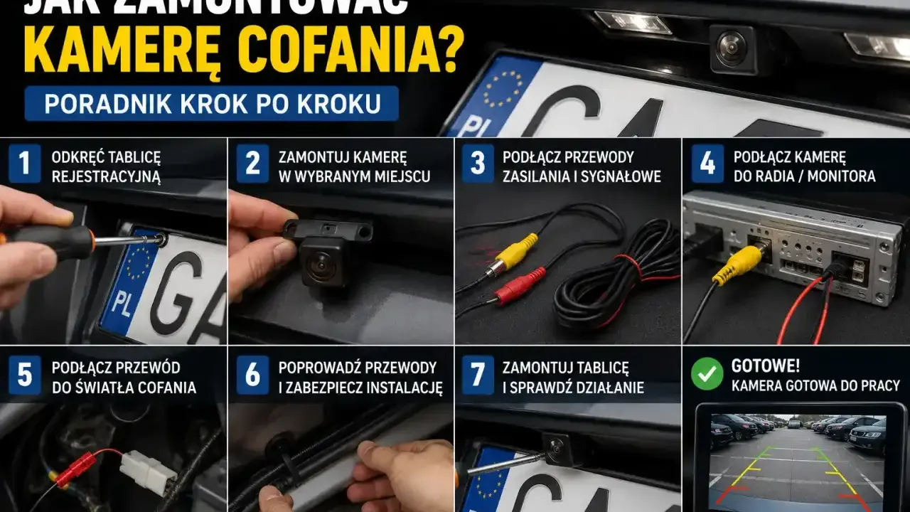 Instrukcja montażu kamery cofania na tylnej szybie: odkręcanie tablicy, mocowanie kamery, podłączanie przewodów zasilania i sygnału do radia/monitora, podłączenie do światła cofania, prowadzenie przewodów i sprawdzenie działania.