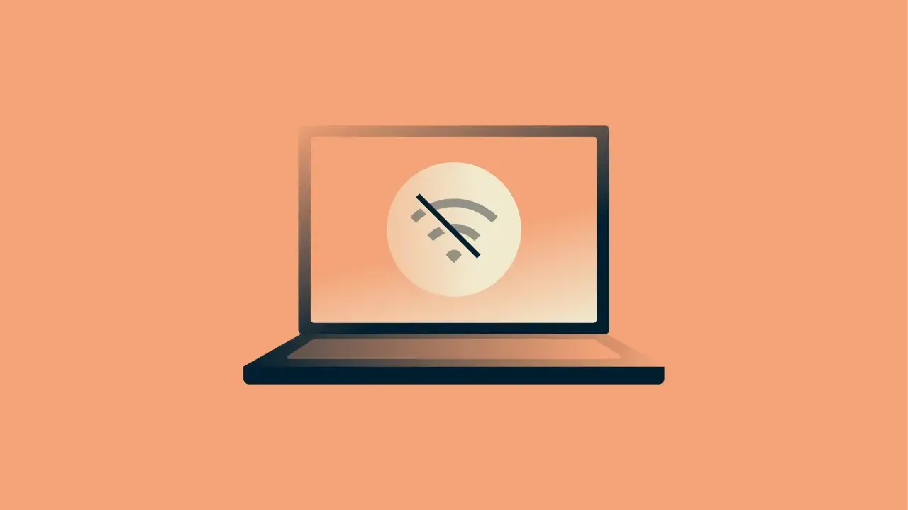 Laptop z ikoną braku połączenia Wi-Fi. Dowiedz się, jak sprawdzić kartę sieciową, gdy internet nie działa.