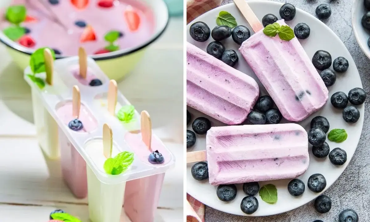 Deliciosos heladitos caseros de frutos rojos y arándanos, listos para congelar o ya disfrutados.