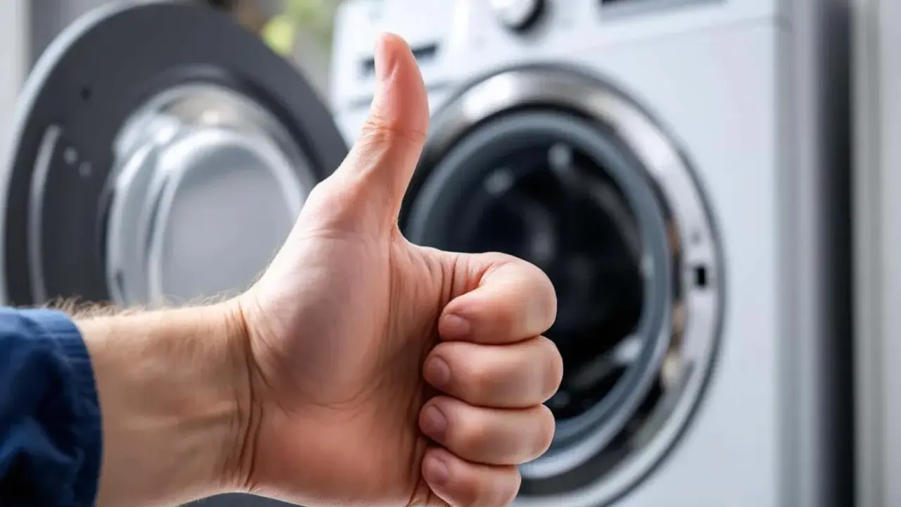 Pouce levé devant une machine à laver ouverte, signe que l'arrivée d'eau est parfaite pour le prochain lavage.