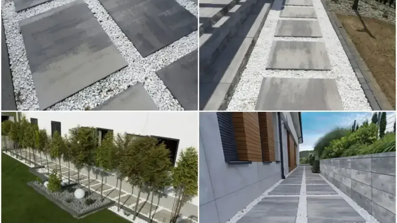 Nowoczesna opaska wokół domu z płyt betonowych i białego żwiru tworzy eleganckie ścieżki i akcenty w ogrodzie.
