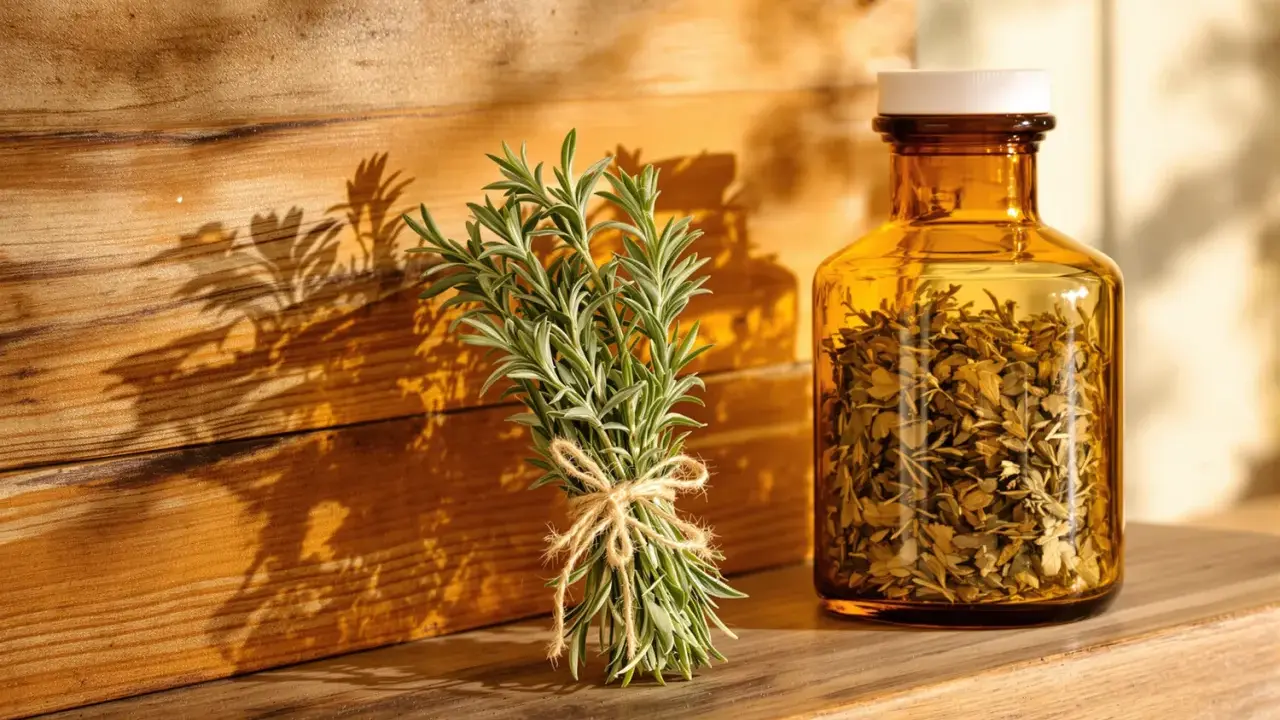 Un bouquet de romarin frais et une fiole ambrée remplie de feuilles séchées, évoquant le bienfait romarin pour la santé et le bien-être.