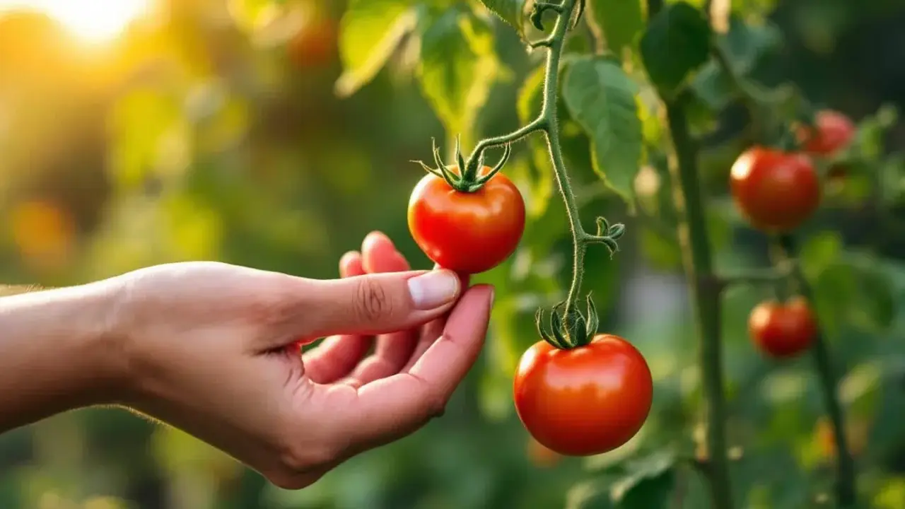 Main d'une personne cueillant une tomate mûre sur une branche. La question "faut il arroser les tomates tous les jours" flotte dans l'air.