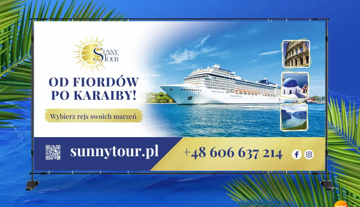 Reklama banerowa z rejsem od fiordów po Karaiby. Wybierz rejs swoich marzeń z Sunny Tour!